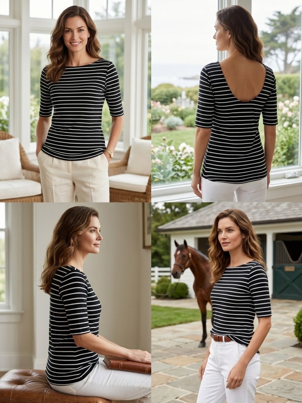 a new day Heritage Chic Black White Striped Boatneck Half Sleeve Tee Top XS